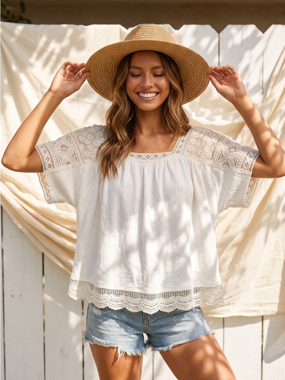 Relaxed Crochet Trim Square-Neck Tunic Top - Cream